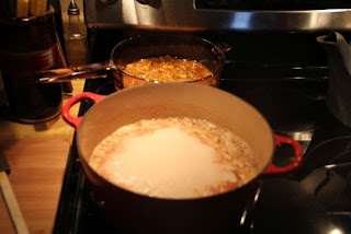 photo of pear honey (front) and pear chutney (rear) being prepared