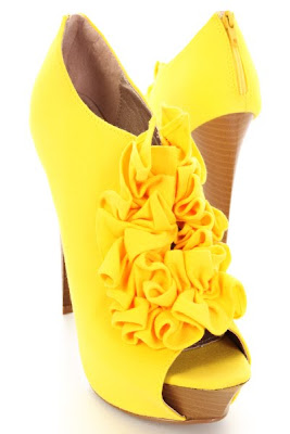 Yellow Jersey Ruffled Keyhole Peep Toe Wooden Boot Heels