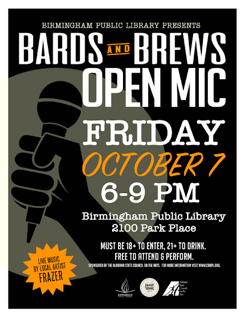 On a black background, a black silhouette of a fist holding a microphone is highlighted in dull yellow circle. This flyer is advertising Bards & Brews October Open Mic on Friday, October 7.