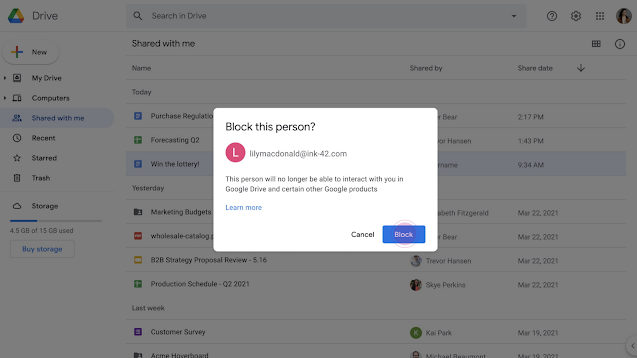 يتيح لك التحديث الجديد حظر المستخدمين الآخرين على Google Drive