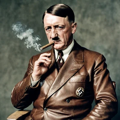 Hitler wearing a brown leather blazer uniform outfit and smoking cigarette