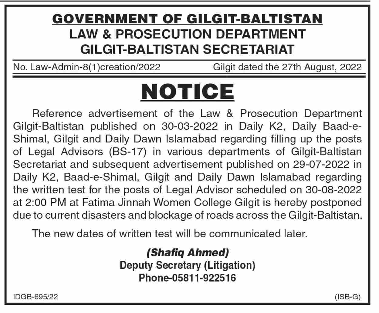 Latest Law and Prosecution Department Legal Posts Gilgit 2022