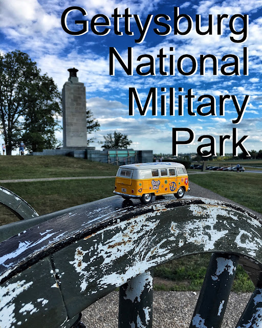 Title Card for Gettysburg National Military Park showing the yellow van on a cannon at Gettysburg