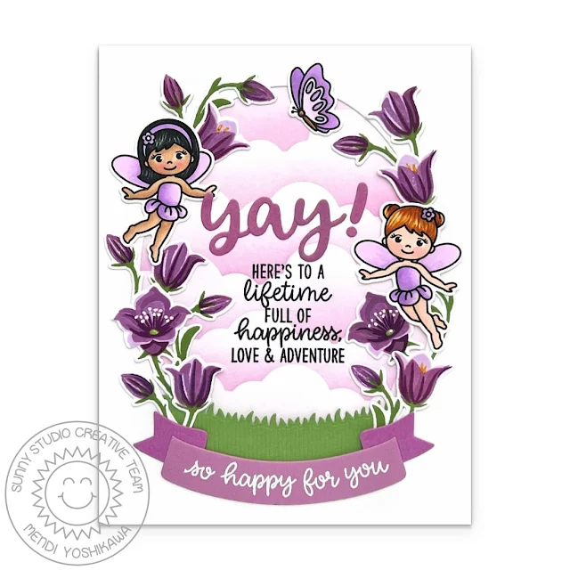 Sunny Studio Fairies with Flowers Card using Beautiful Bluebells, Garden Fairy & Inside Greetings Stamps, Hayley Alphabet & Brilliant Banner Dies