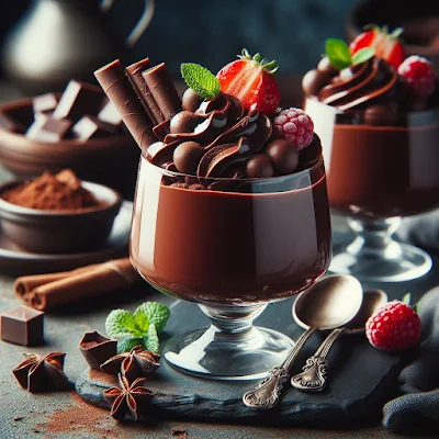 Das Bild zeigt ein Dessertglas mit Schokoladenpudding. Dieses Schokoladenpudding ist ein cremiger und süßer Genuss. Er ist perfekt für einen gemütlichen Abend oder ein besonderes Ereignis.