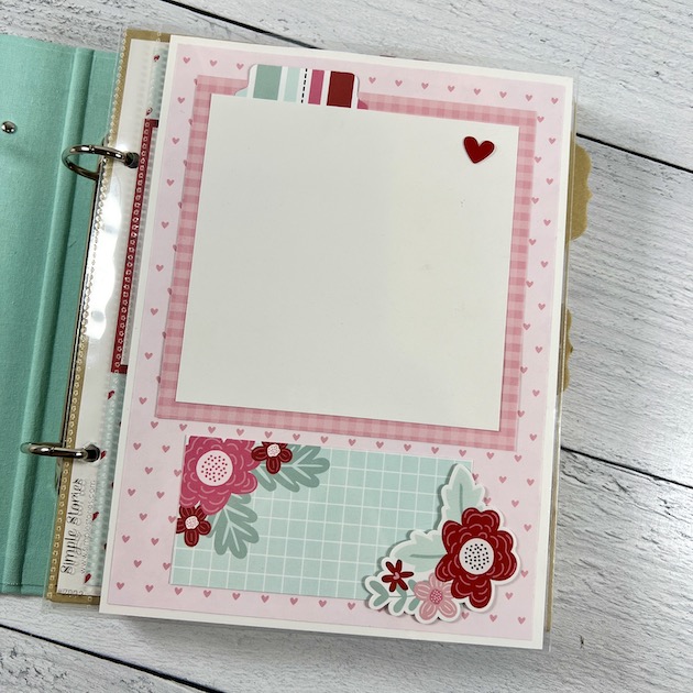 Love Valentine scrapbook album page with hearts, flowers, and a cute gingham print