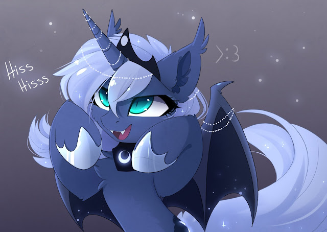 Princess Luna in the combined styles of season 1 light blue hair and a bat pony. He has small white beads wrapped several times around her horn and draped across her wings. She's standing on her hind legs with her front hooves up, in front of her face. Her bat pony features add a fang filled smile, slit eyes, fluffy ears and spread bat wings, whose membranes are the night sky. She is going hisss hisss.