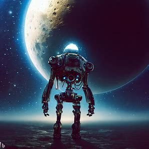 Bing Image Creator robot, space with moon and stars, concept art, realistic