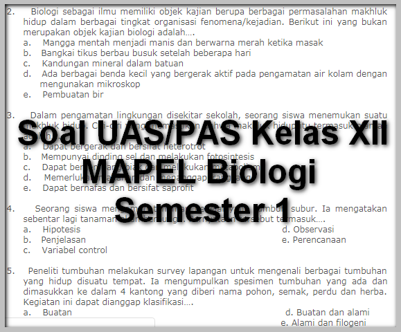 Soal UAS Biologi Semester 1 Kelas XII SMA/MA