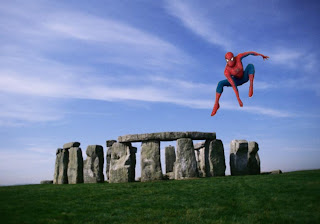 Spiderman Comic Super Heroe Flying Wallpapers in Classic Stonehenge background