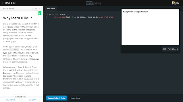 Screenshot of Codecademy's HTML course