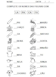 Atividade 2 para completar a sílaba inicial. Alfabetização.