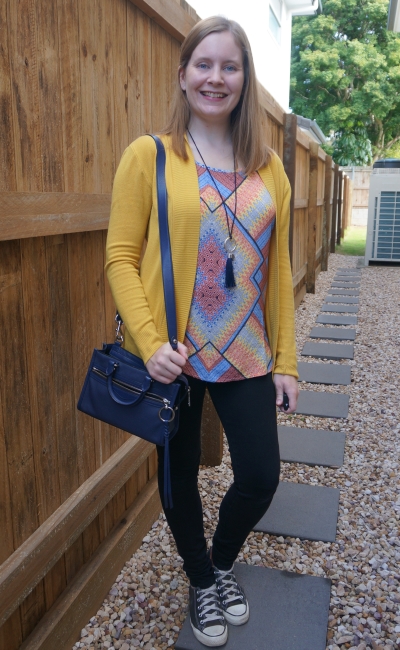 mustard yellow cardigan with black nobody denim skinny jeans converse navy bag mixed print tank | awayfromblue