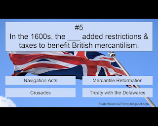 In the 1600s, the ___ added restrictions & taxes to benefit British mercantilism. Answer choices include: Navigation Acts, Mercantile Reformation, Crusades, Treaty with the Delawares