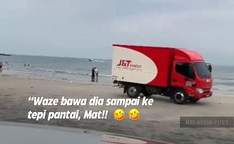 “Parcel saya mana bang?” — Abang J&T bawa lori ke pantai curi perhatian orang ramai..