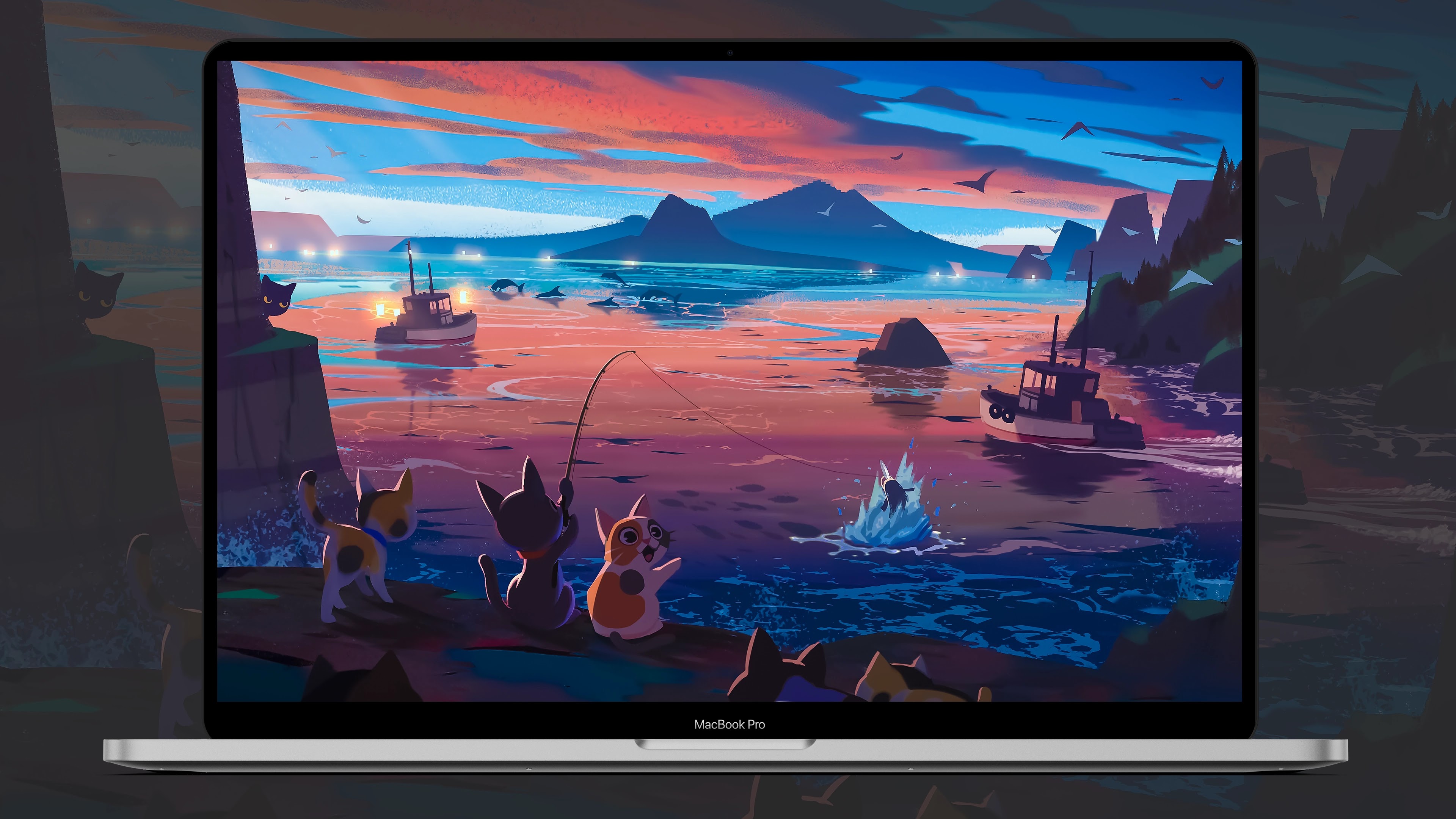 A MacBook laptop 4k wallpaper of  three kittens fishing in the sea and a beautiful sunset with dolphins jumping in the background