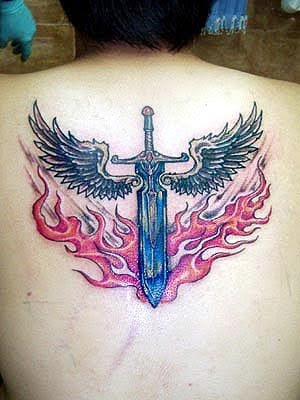 wings sword tattoo upper back tattoos for men
