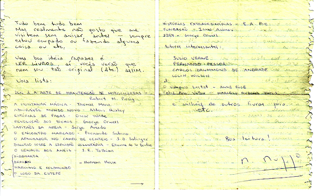 Carta de Renato Russo na qual ele indica uma lista de livros e escritores para serem lidos