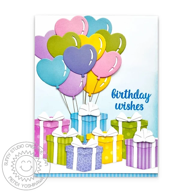 Sunny Studio Stamps Heart Balloons with Birthday Presents Card (using Bright Balloons & Perfect Gift Boxes Dies and Dots & Stripes Pastels Paper)