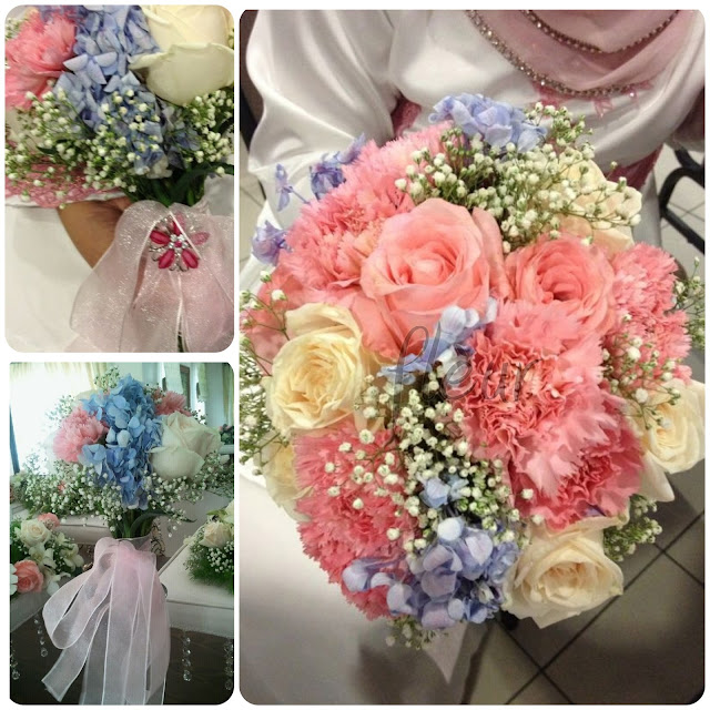 Pink, Green, Baby Breath, Hydrangea, Blue, Wedding, Bouquet