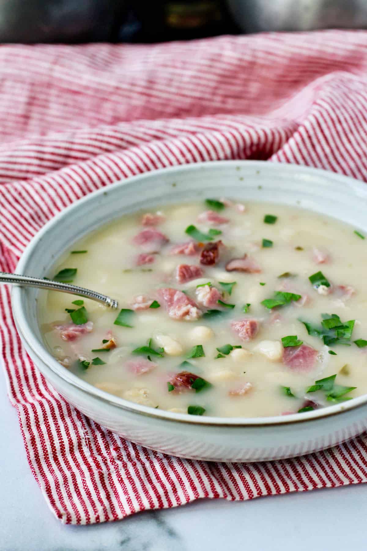 Tuscan White Bean Soup in a white bowl.