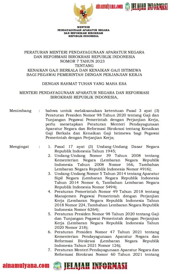 Peraturan Menteri PANRB atau Permenpan RB Nomor 7 Tahun 2023 Tentang KGB Bagi PPPK