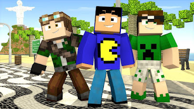 Ilustração com as skins do Minecraft de Cellbit, Pac e Mike