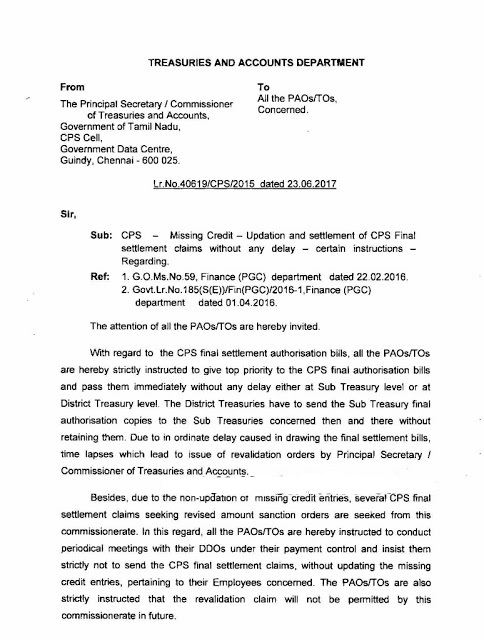 CPS - MISSING CREDIT UPDATION & SETTLEMENT OF CPS FINAL SETTLEMENT CLAIMS WITHOUT ANY DELAY - REGARDING CIRCULAR 