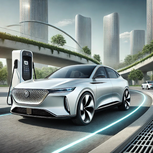 "Image of the MG Windsor EV driving on a futuristic urban road. The car features sleek aerodynamic lines, LED headlights, and 18-inch diamond-cut alloy wheels. A high-tech electric charging station is visible in the background, with greenery and clear skies symbolizing sustainability and eco-friendliness."