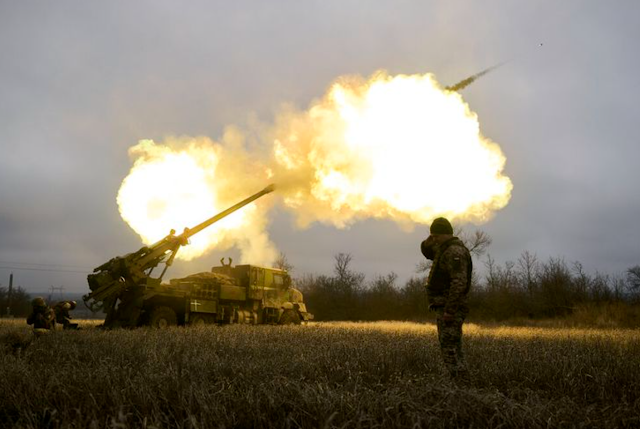 "The Ukrainian army fired French-made self-propelled howitzers, CAESAR, towards Russian positions near Avdiivka, Donetsk region, Ukraine, on Monday, January 26, 2023. (AP PHOTO/LIBKOS)"