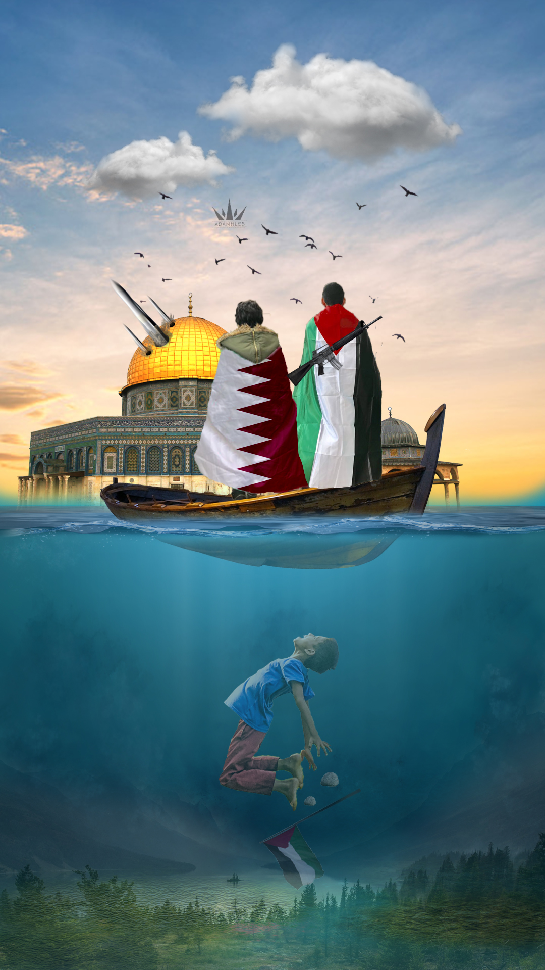 اجمل خلفية تصامن مع فلسطين علم قطر وعلم فلسطين Flag Palestine and Qatar