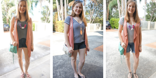 3 ways to wear blush waterfall drape vest with striped top and shorts awayfromtheblue