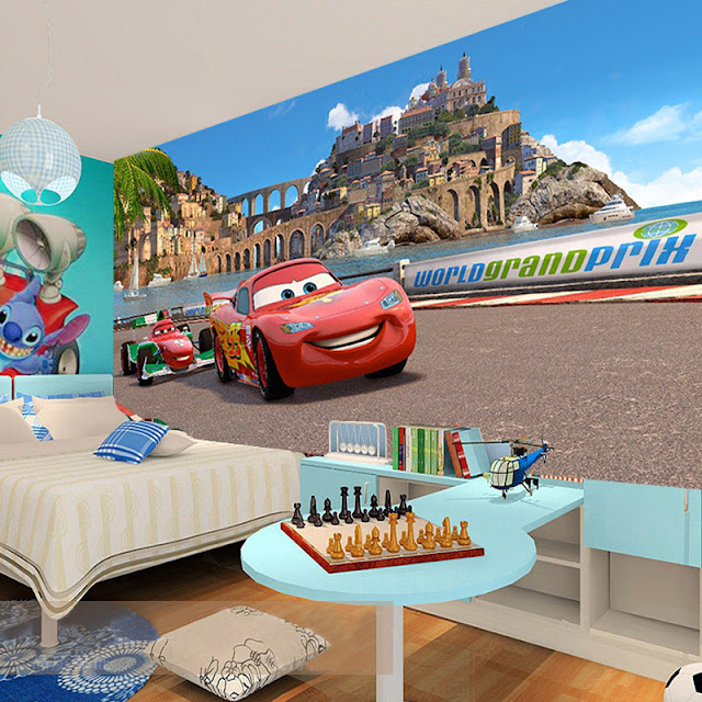 Disney Cars Wall Mural 3D Wallpaper Sticker Cars Brick Wall breaking through wall children room kids bedroom Racing