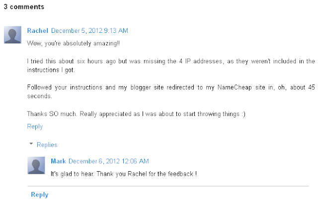 Screenshot: example of Blogger (blogspot.com) two-level commenting reply ability