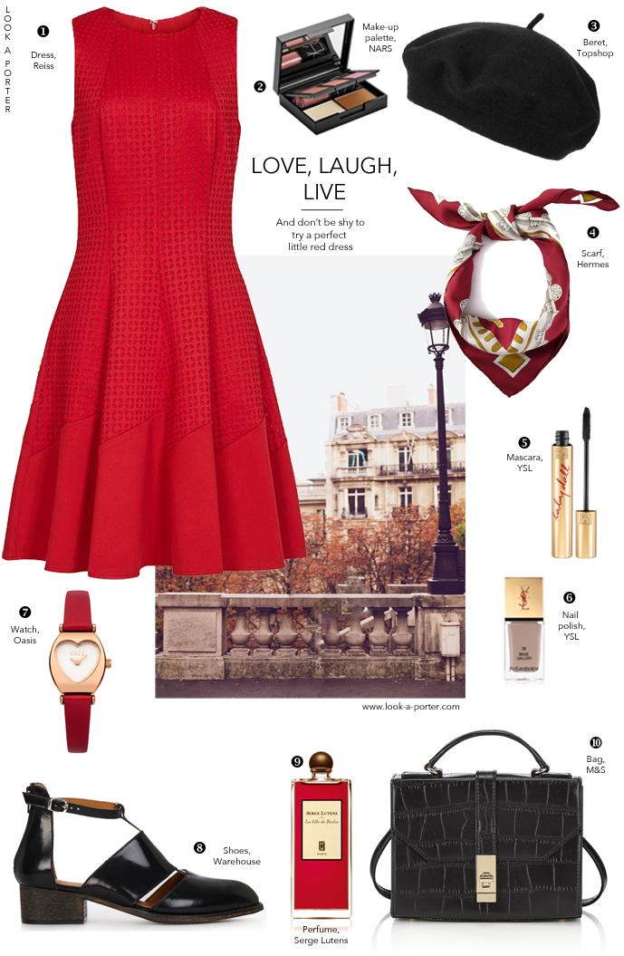 Inspired by Parisian style and beautiful red dress... Via look-a-porter.com, outfit inspiration daily