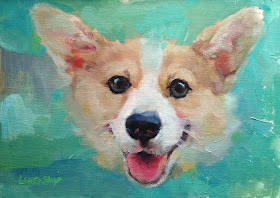 Smiling Corgi Painting, oil on canvas by Heather Lenefsky, Corgi Art