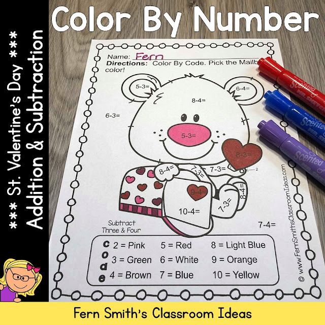 These St. Valentine's Day Color By Number Addition and Subtraction Worksheets Would Look Great On Your Bulletin Board! Fern Smith's Classroom Ideas