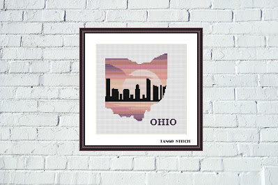 Ohio state map skyline sunset cross stitch pattern