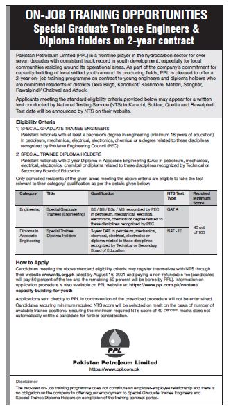 Pakistan Petroleum Limited On Job Special Graduate Trainee/Diploma Holders