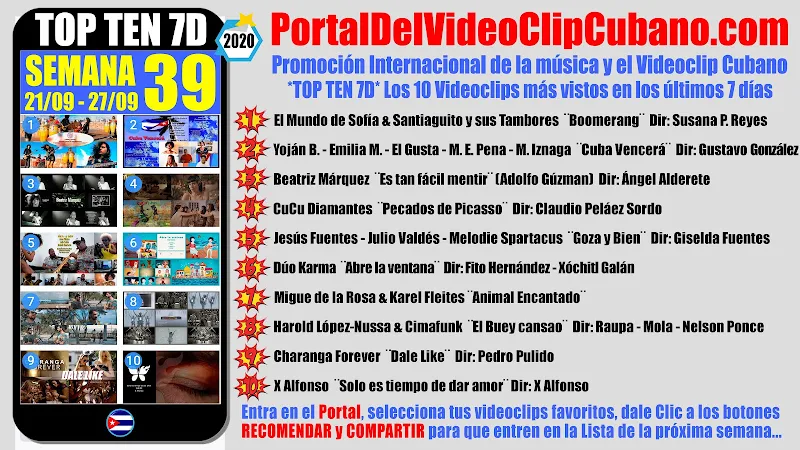 Artistas ganadores del * TOP TEN 7D * con los 10 Videoclips más vistos en la semana 39 (21/09 a 27/09 de 2020) en el Portal Del Vídeo Clip Cubano