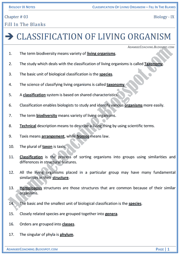 classification-of-living-organism-fill-in-the-blanks-biology-notes-for-class-9th