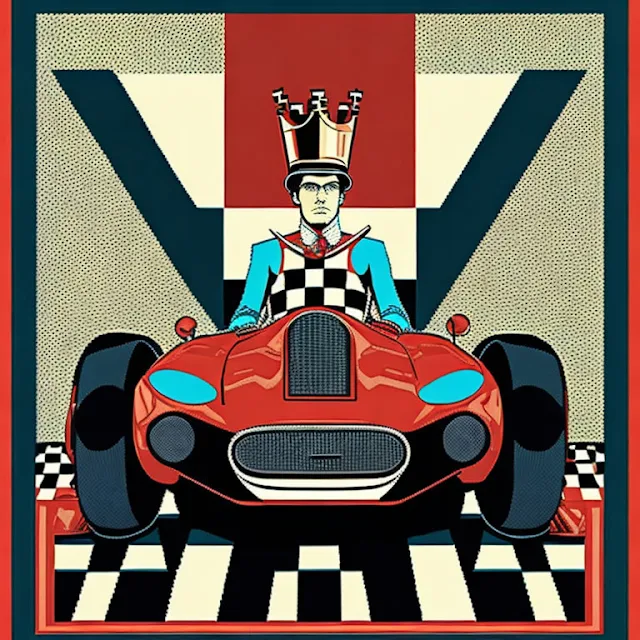 60's Style Poster with gran prix car and Chess Theme