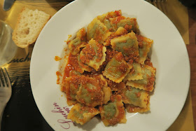 Homemade ravioli in meat sauce. Osteria Luchin in Chiavari, Liguria.