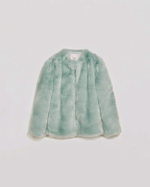 Zara blue/green coloured cropped faux fur coat jacket