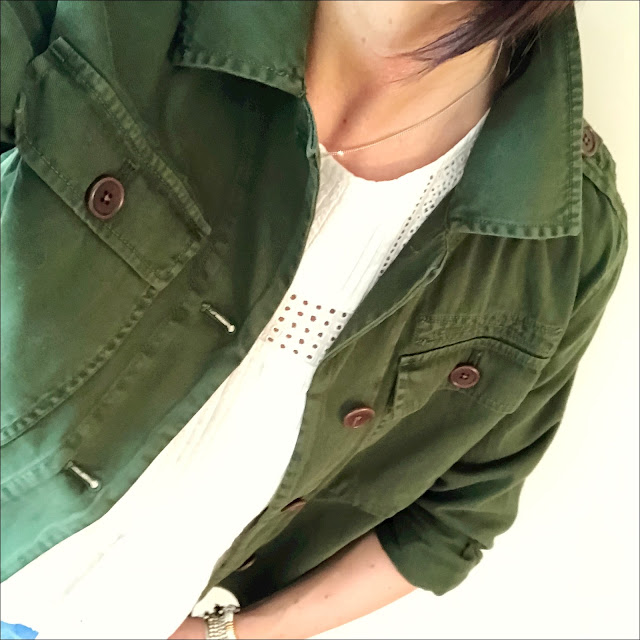 My Midlife fashion, j crew garment dyed safari shirt-jacket, baukjen the boyfriend jeans, j crew pointed two tone ballet pumps, zara broderie anglaise top