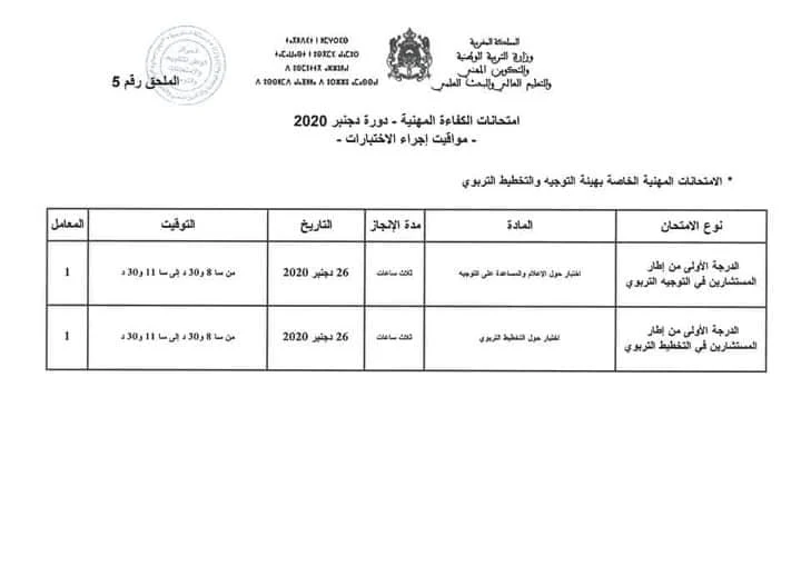 مواقيت اجراء الاختبارات الخاصة بامتحانات الكفاءة المهنية دورة 26 دجنبر 2020