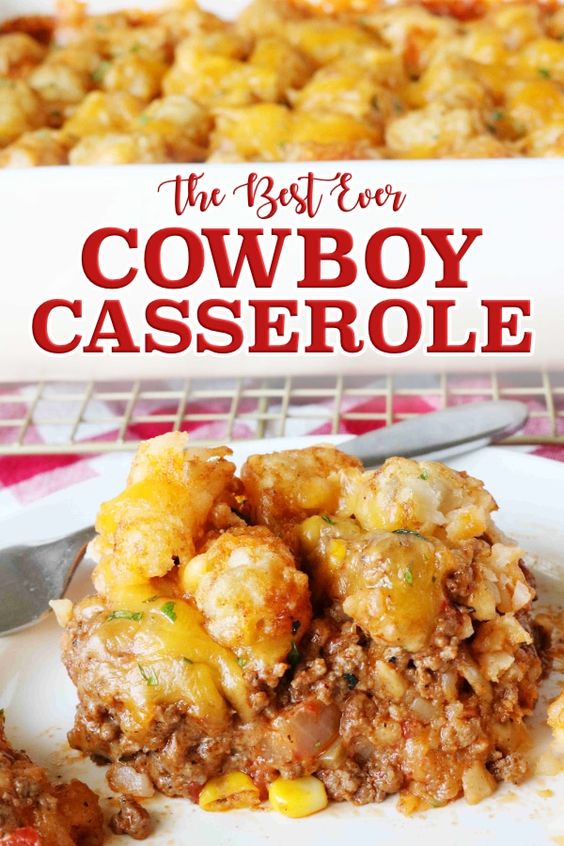 Easy Cowboy Casserole - An easy Cowboy Casserole Recipe loaded ground beef, tater tots, and cheese! Perfect for weeknight family dinners and feeding a crowd.