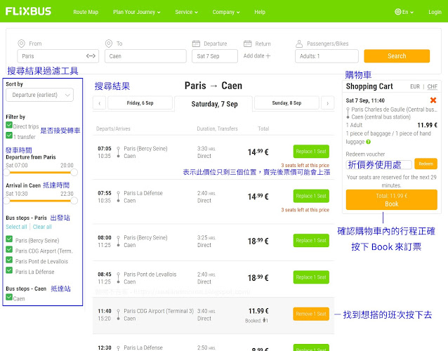 Flixbus 搜尋結果頁