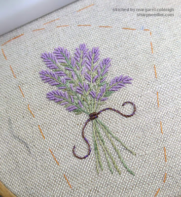 Completed embroidered lavender bunch with brown/purple bullion tie and streamers