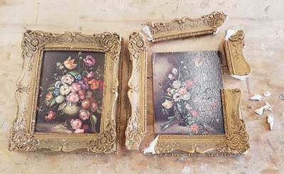 image of two small framed paintings side by side. The frame on the right is broken into pieces.